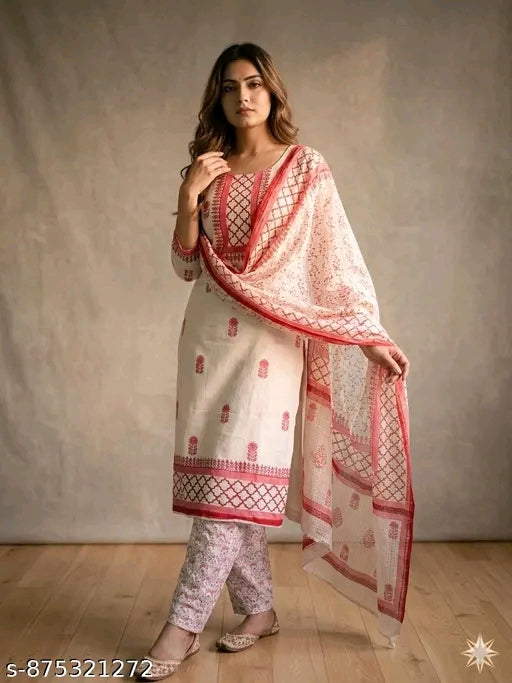 Handcrafted Blossom: Soft Pure Cotton Suit with Intricate Block Prints" (Softness aur beauty)