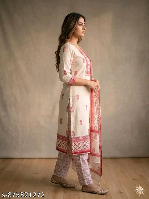 Handcrafted Blossom: Soft Pure Cotton Suit with Intricate Block Prints" (Softness aur beauty)